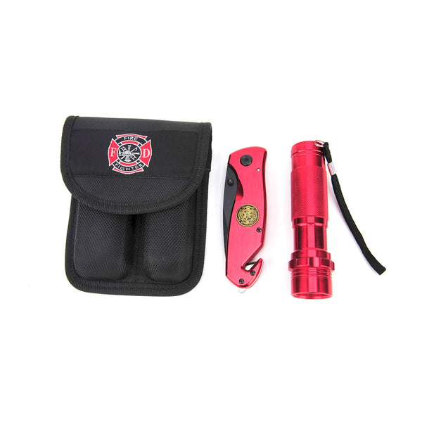Survival Knife and Flashlight Set - Red Finish - Firefighter - LED